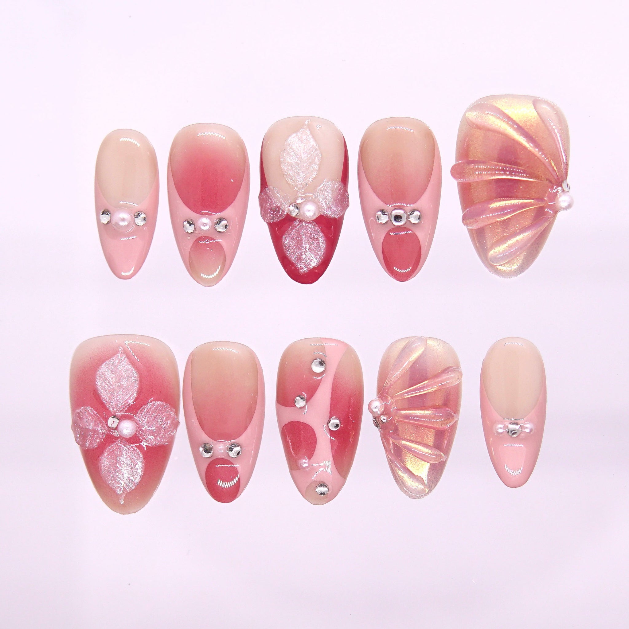 Sunset Veil press-on nails with peach-pink gradient, pearly petals, and soft sunset shimmer – elegant Earth · Calm design by Art By Cloe.